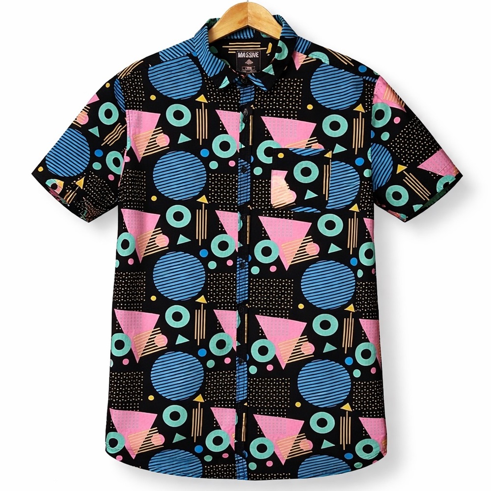 Massive Retro Geo Print Short-Sleeve Shirt - Black with Blue, Pink & Teal